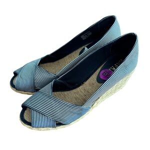 Lauren Ralph Lauren Espadrille Wedge Sandals Blue White Stripe Peep Toe Sz 8.5